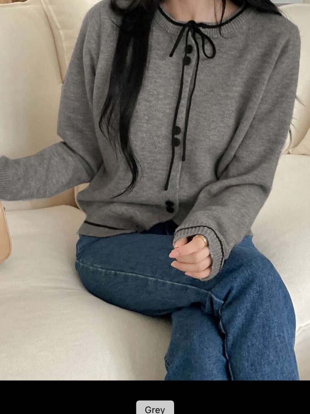 Grey Tie-Neck Knit Cardigan Sweater - Women's Top